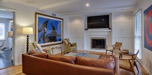 TV, fireplace, music library, stereo