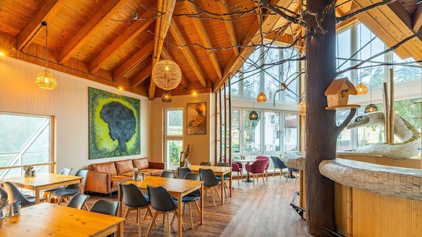 Un restaurante con mesas y sillas de madera, ventanas amplias y un techo alto con vigas a la vista.