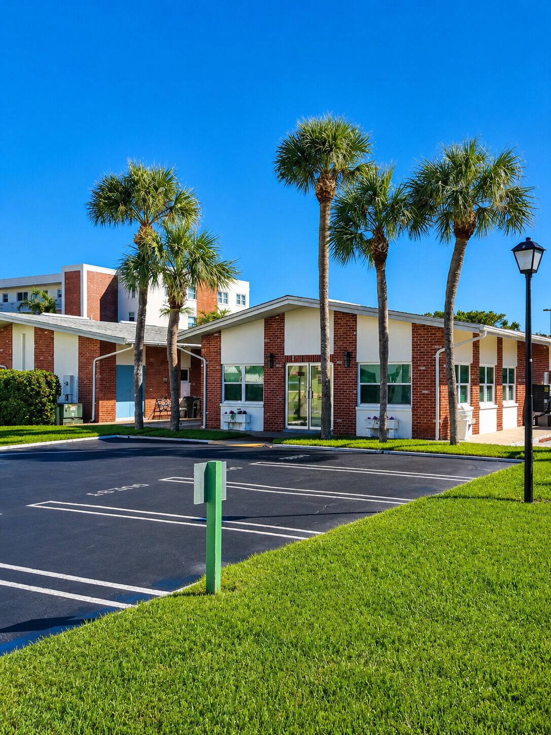 A building with a parking lot, palm trees, and a clear blue sky.