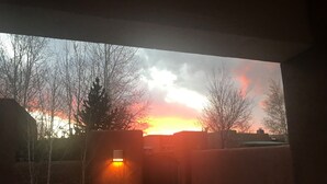 Une vue sur le coucher de soleil à travers une fenêtre, avec des arbres sans feuilles et un mur.