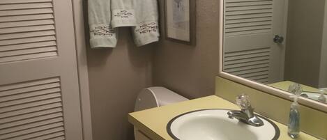 Une salle de bain équipée de toilettes, d’un lavabo, d’un miroir et d’un porte-serviettes.