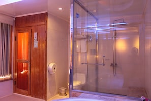 A hotel bathroom with a wooden door, a glass-enclosed shower, and a toilet.