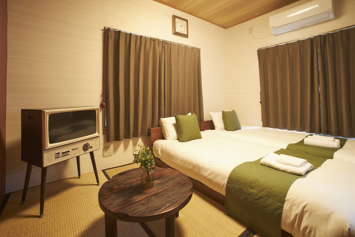 Een hotelkamer met twee bedden, een televisie en een kleine tafel met een plant.