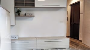 Een moderne keuken met ingebouwde kasten, een aanrecht en een houten vloer.