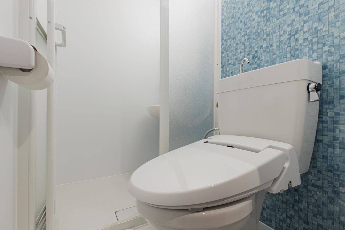 A white toilet with a wall-mounted bidet, a white toilet paper holder, and a blue mosaic tile wall.