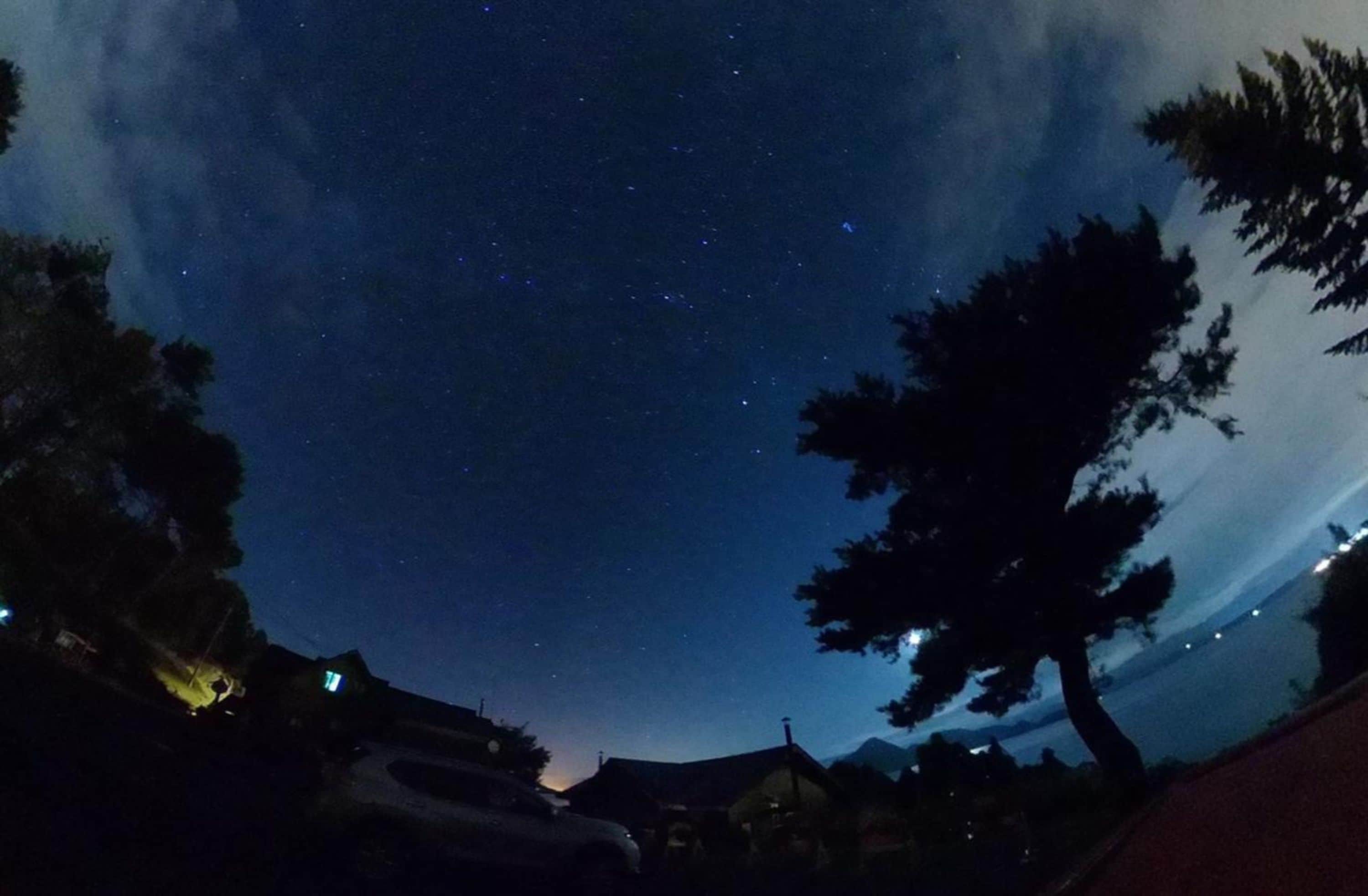 Sternenklarer Himmel über einem Wohngebiet.