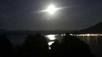 A night scene with a bright moon or light source in the sky, a body of water, and distant lights along a shoreline.