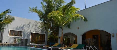 Outdoor pool, sun loungers