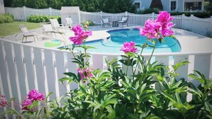 Un espace piscine entouré d’une clôture blanche, avec des chaises longues et des fleurs roses au premier plan.