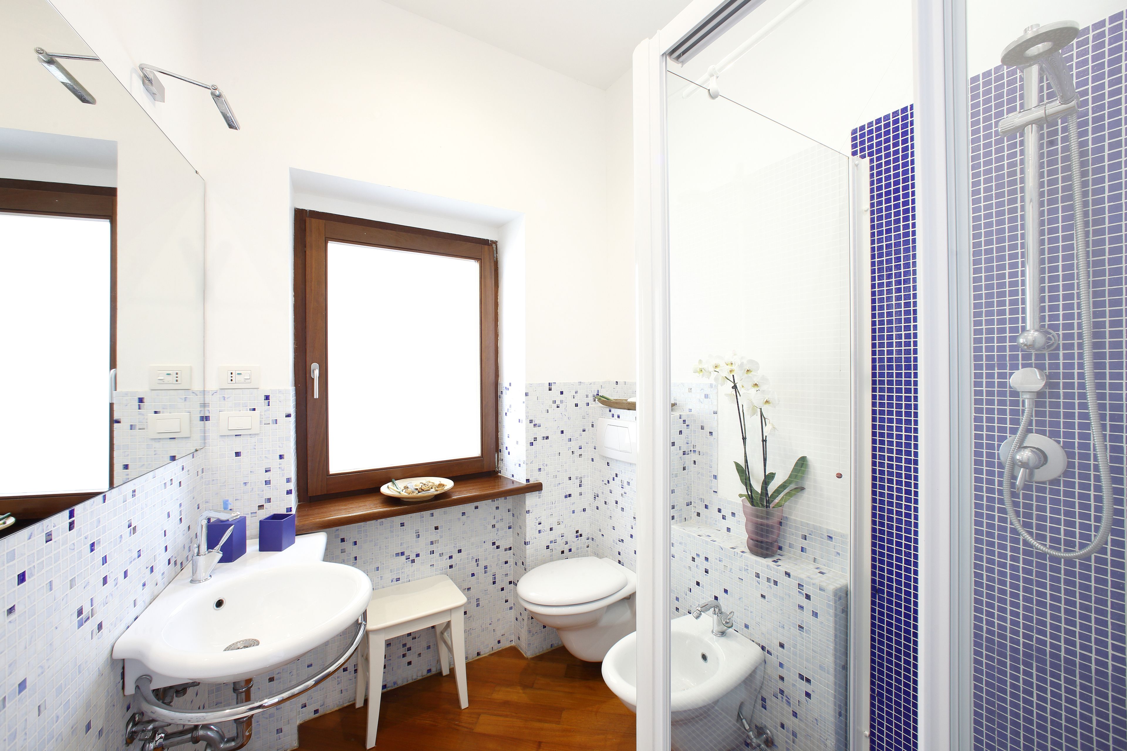 Une salle de bain avec un lavabo blanc, des toilettes et un espace douche aux carreaux bleus.