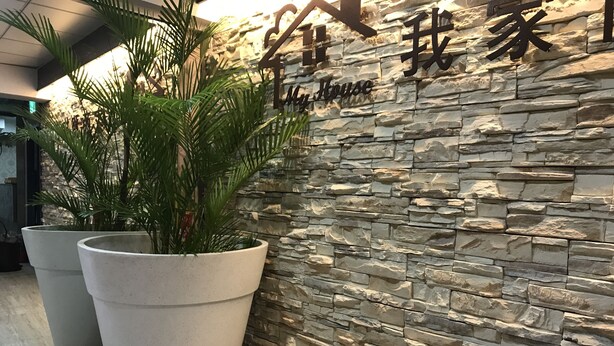 A reception area with a stone wall and a sign that reads "My House". There are two large potted plants in the foreground. - My House (Luodong)