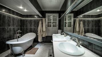 Rainfall showerhead, designer toiletries, hair dryer, bathrobes