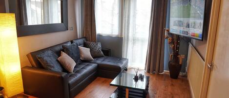 Apartment, 1 Bedroom (1 sofabed - kingsize) | Living area | 55-cm LCD TV with cable channels, Smart TV, Netflix