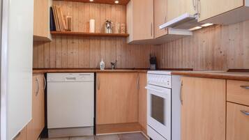 Fridge, stovetop, dishwasher, coffee/tea maker