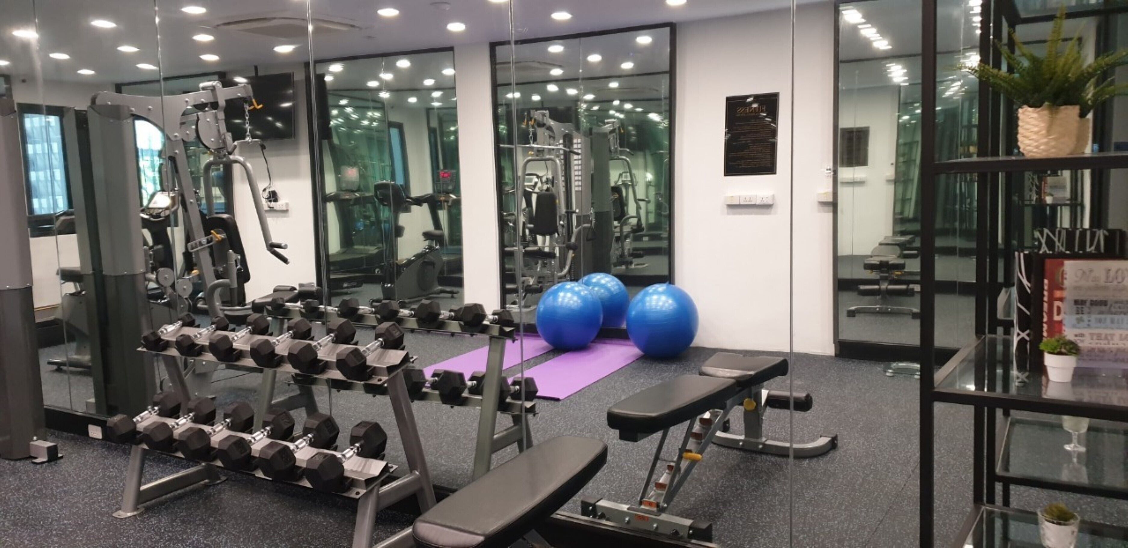 Un gimnasio con equipamiento de levantamiento de pesas, balones de ejercicio y una banca.