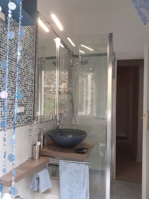 Shower, hair dryer, bidet, towels