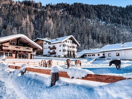 A snow-covered mountain village with wooden buildings and a horse grazing.