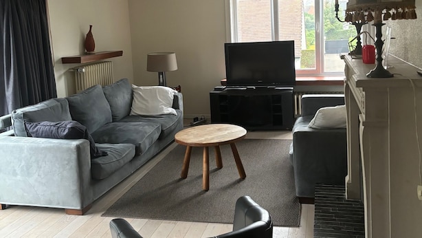 Un salon moderne avec un canapé gris, un fauteuil noir, une table basse en bois, un téléviseur et une cheminée.