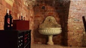 A brick-walled room with a stone basin and a wine rack. - Villa della Torre in Città (Verona)