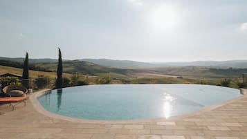 En säsongsöppen utomhuspool, parasoller och solstolar