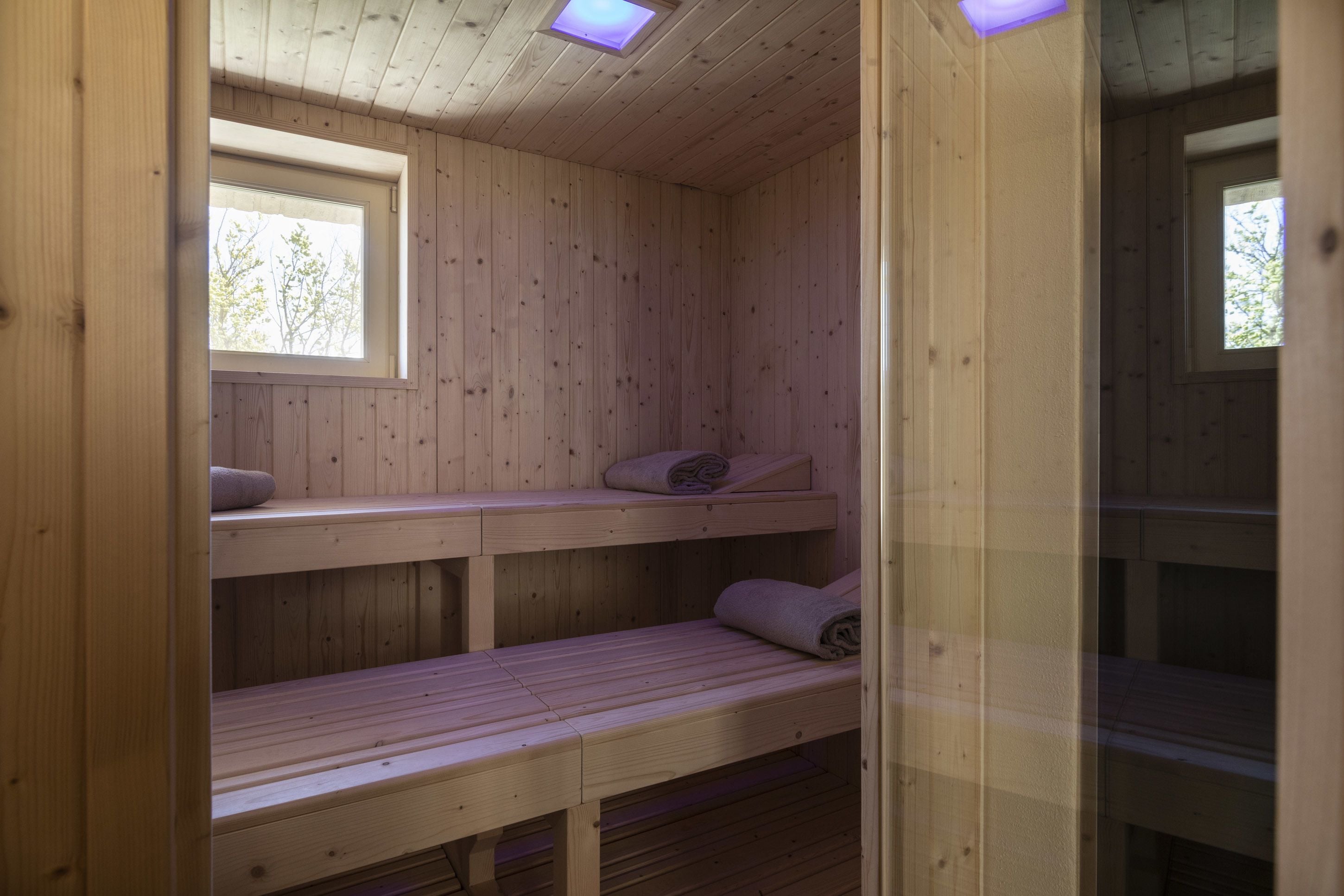 Un sauna en bois avec des bancs et une fenêtre.