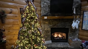 A Christmas tree decorated with lights and ornaments, positioned in front of a stone fireplace with a TV mounted above it. - Lakefront 3-bedroom cabin on Fontana Lake with stunning views and a private dock (Robbinsville)