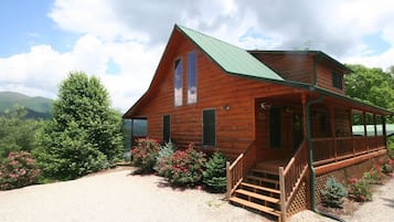 Situated in a natural setting, this cabin features a porch with steps leading to a covered area.