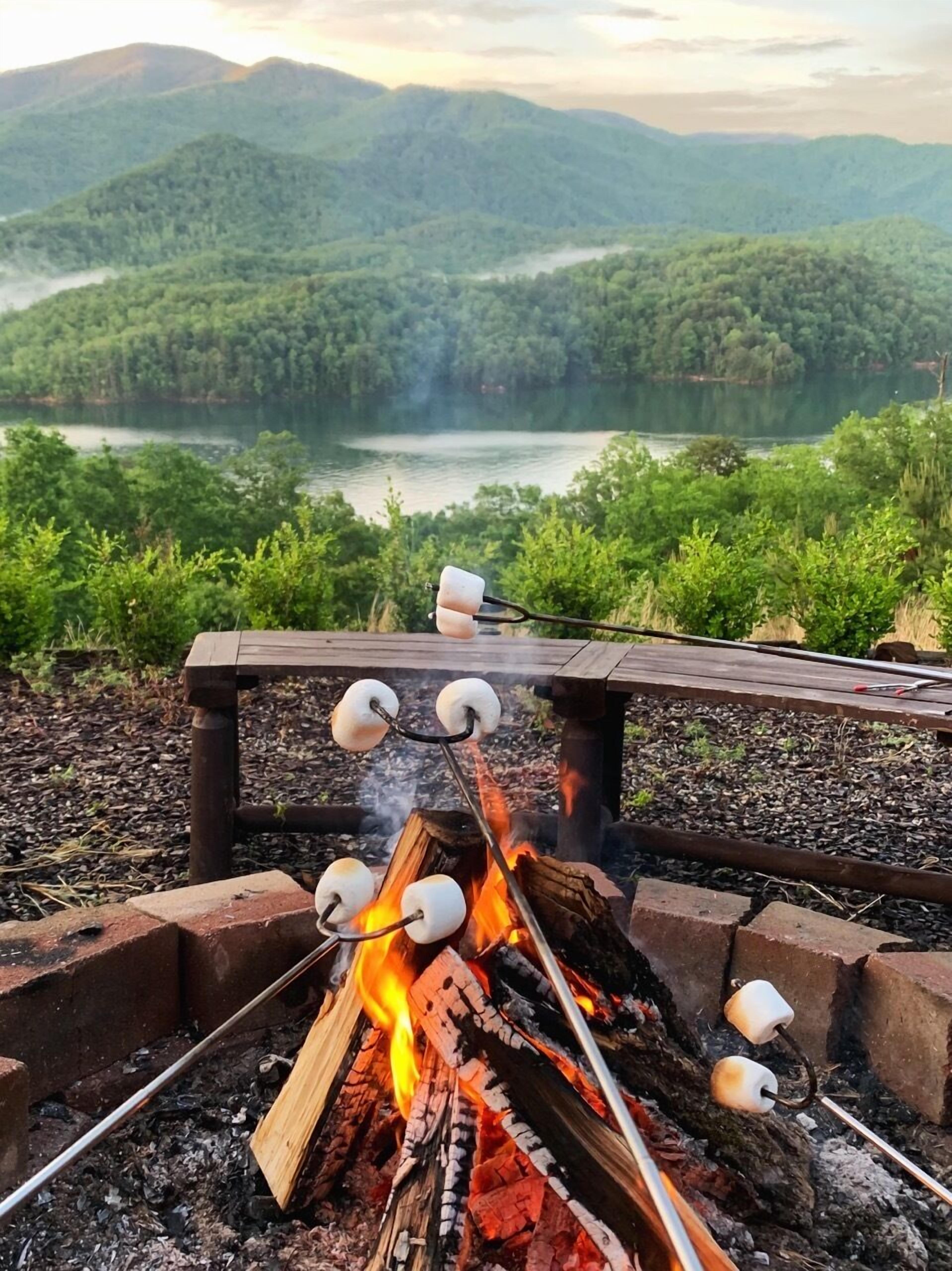 Un feu de camp avec des guimauves grillées, le tout se détachant sur un paysage composé d’une forêt et d’un lac.