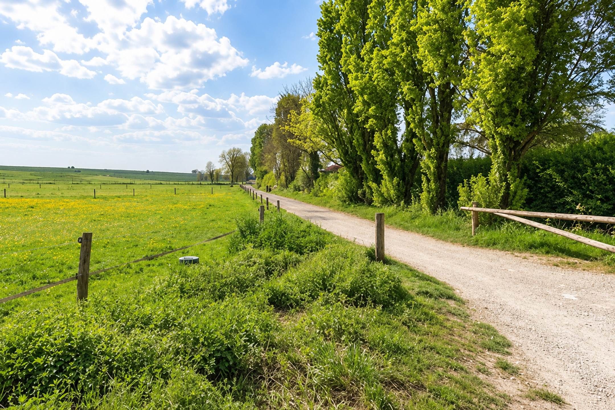 A rural landscape with a dirt path, green fields, and trees.