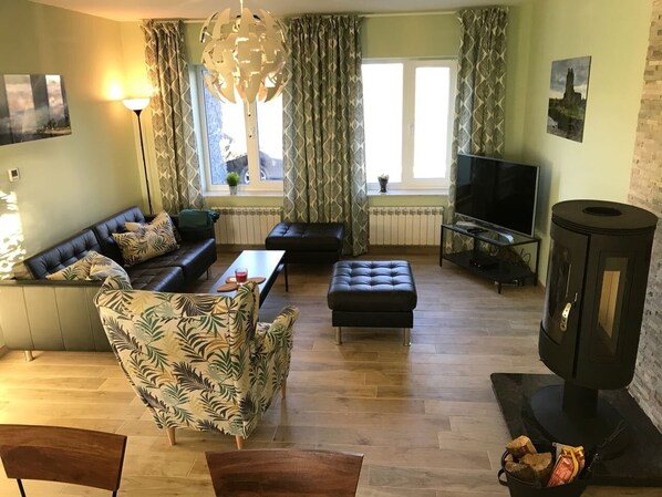 TV, fireplace, DVD player, books