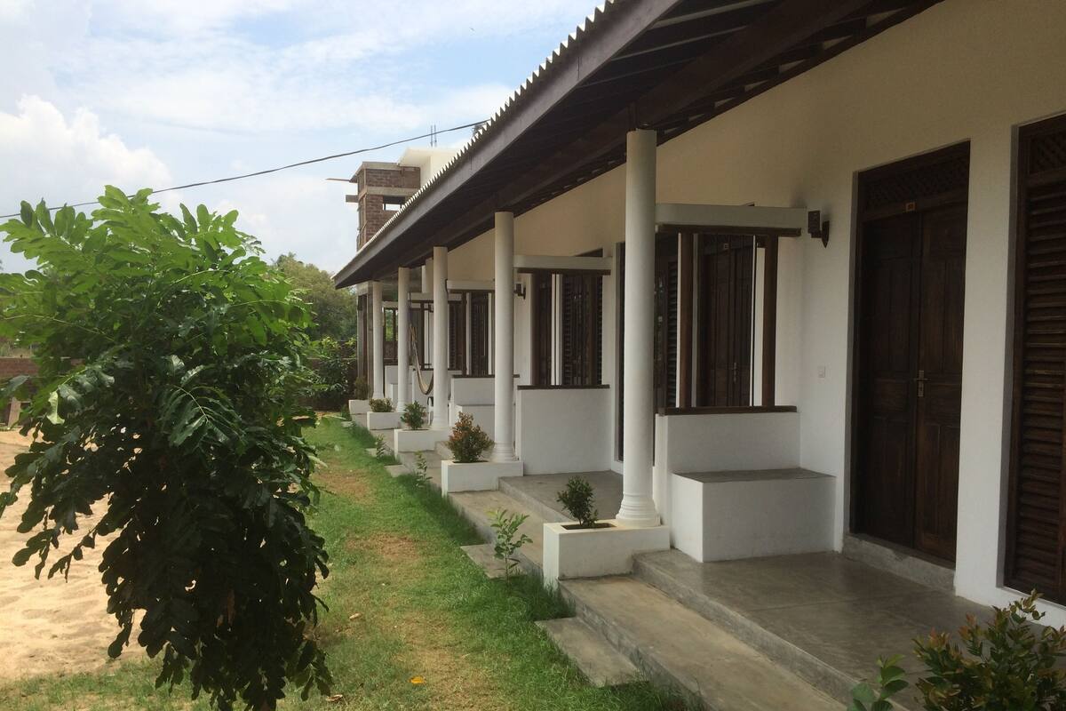 A row of white buildings with dark wooden shutters, each with a small planter on the steps.