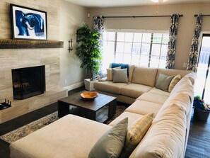 TV, fireplace, foosball, books