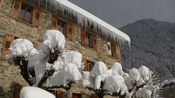 Un bâtiment en pierre avec des volets en bois et des arbres couverts de neige devant.