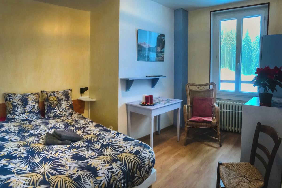 Un dormitori amb llit, escriptori, cadira i finestra amb vista a arbres.