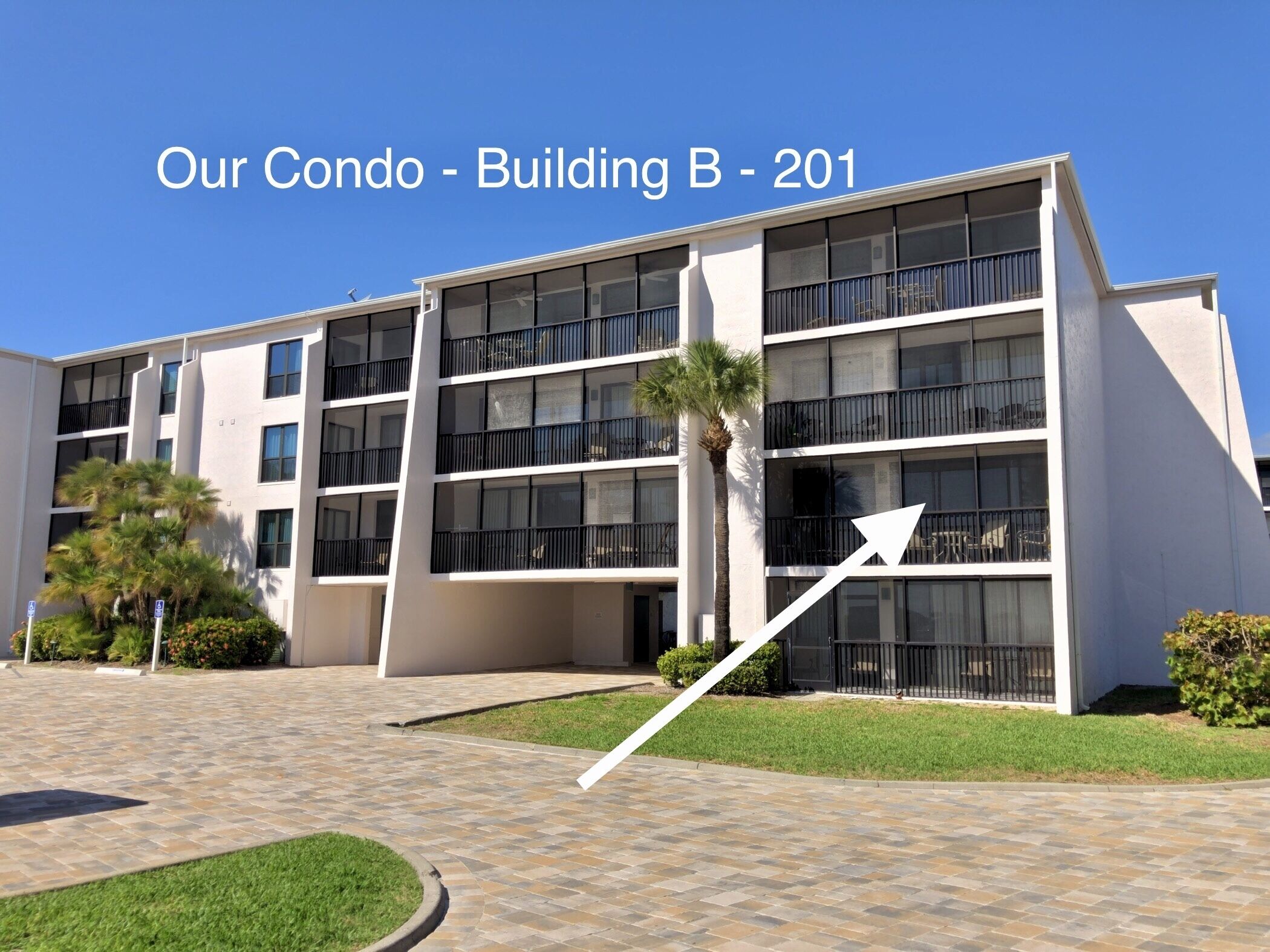 A multi-story building with balconies, a palm tree, and a paved courtyard.