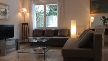 TV connectée, lecteur de DVD, table de tennis de table, livres