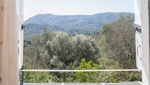Blick aus einem Fahrzeug auf eine gebirgige Landschaft mit dichter Vegetation im Vordergrund.