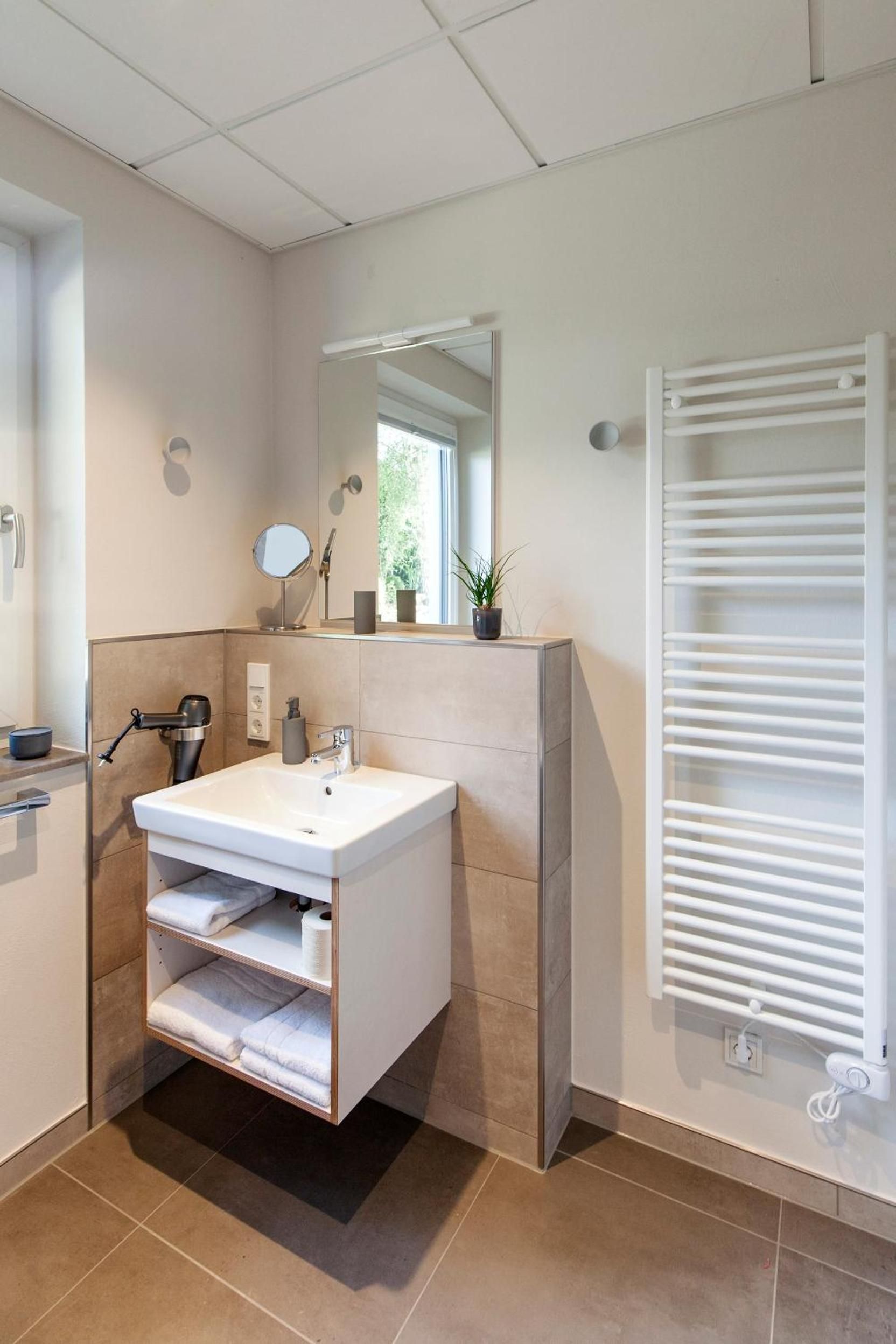 Shower, hair dryer, towels