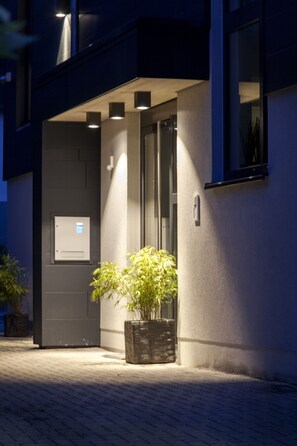 A modern building entrance with a potted plant and a light fixture above the door. - Boardinghouse Morbach (Morbach)