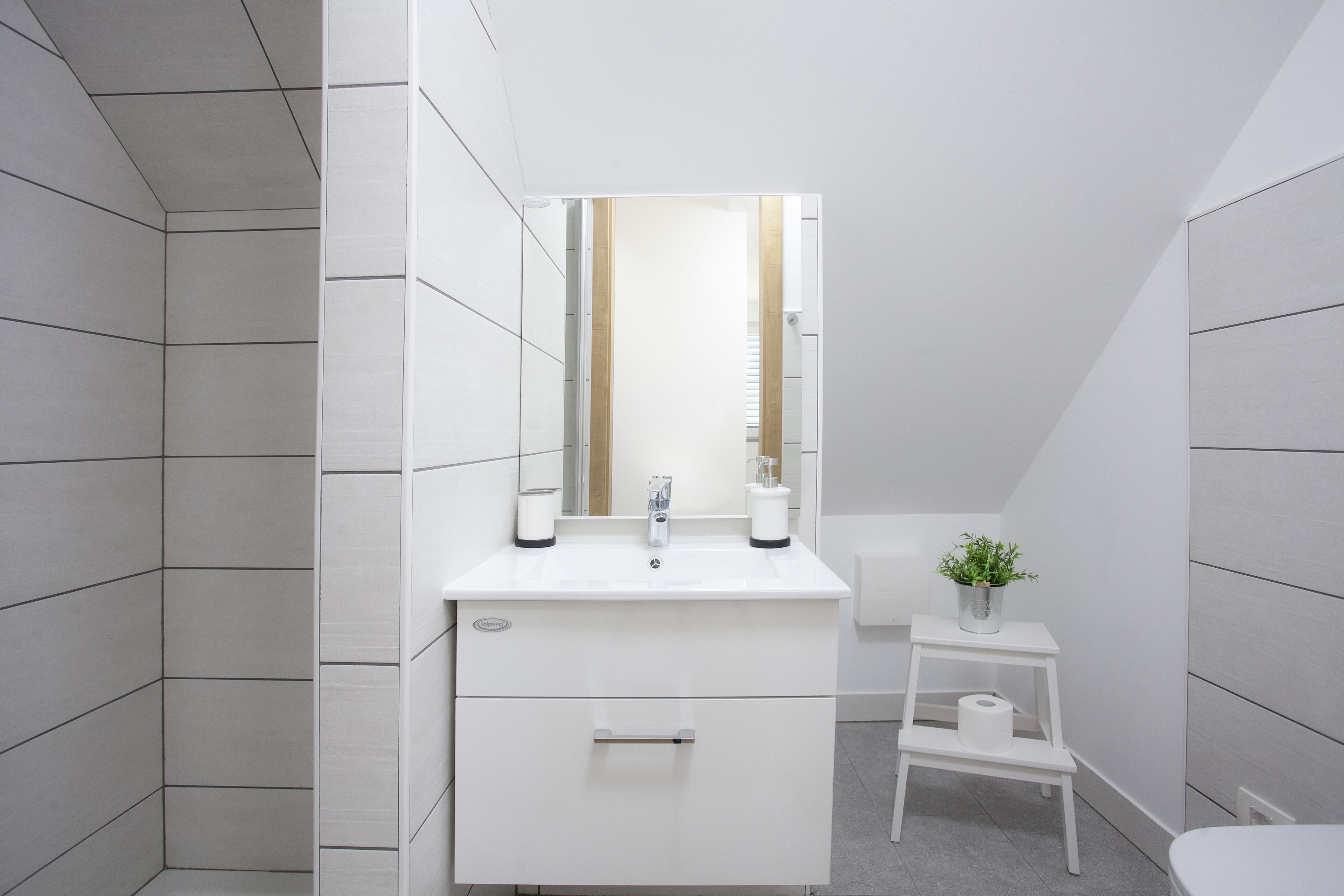Une salle de bain moderne avec un meuble-lavabo blanc, un miroir, un évier et un petit marchepied sur lequel est posée une plante en pot.
