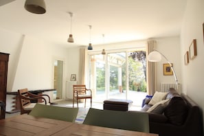TV connectée, cheminée, livres, chaßne hi-fi