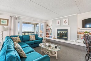 TV, fireplace, DVD player, books