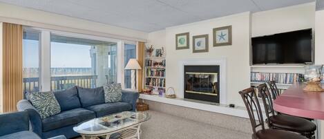 TV, fireplace, DVD player, books