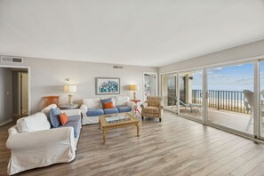 Condo, 3 Bedrooms | Living area | TV - Beach Cottage Look Condo, Ocean View from Spacious Balcony by RedAwning (Fernandina Beach)