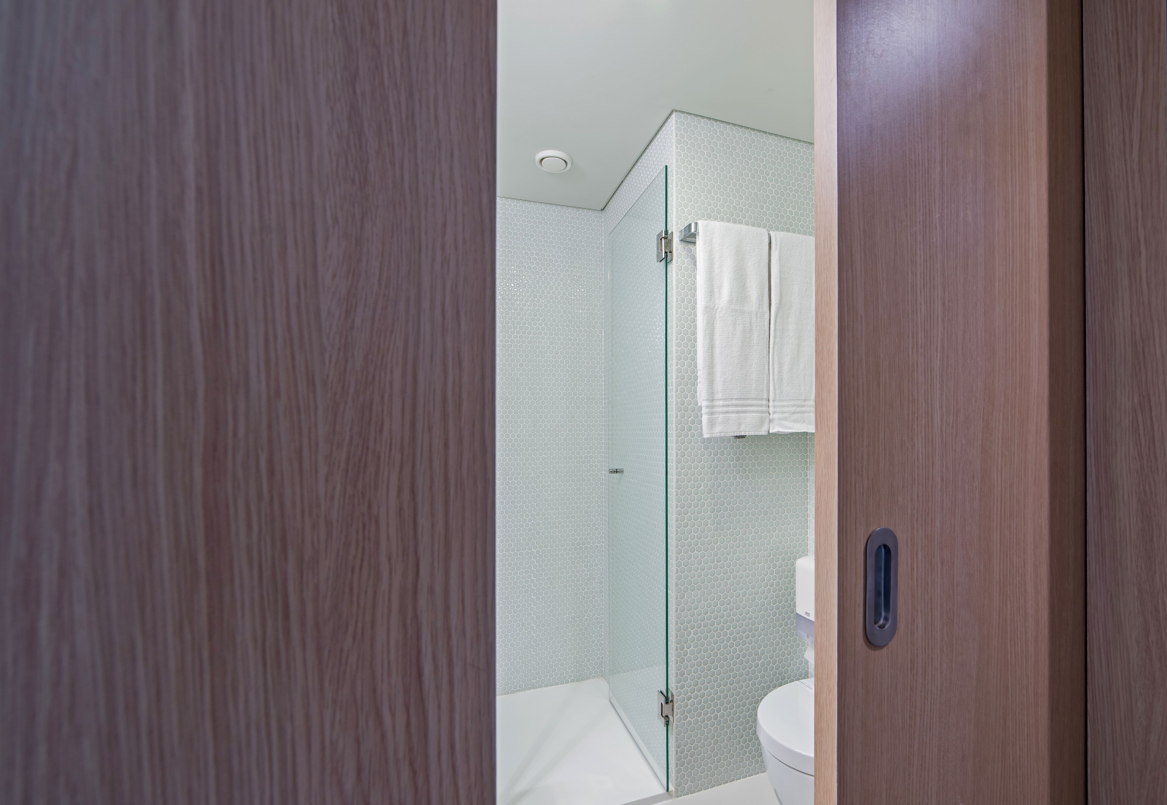 A modern bathroom with a glass shower enclosure, a white toilet, and a wooden door.