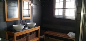 Hair dryer, towels, soap, shampoo