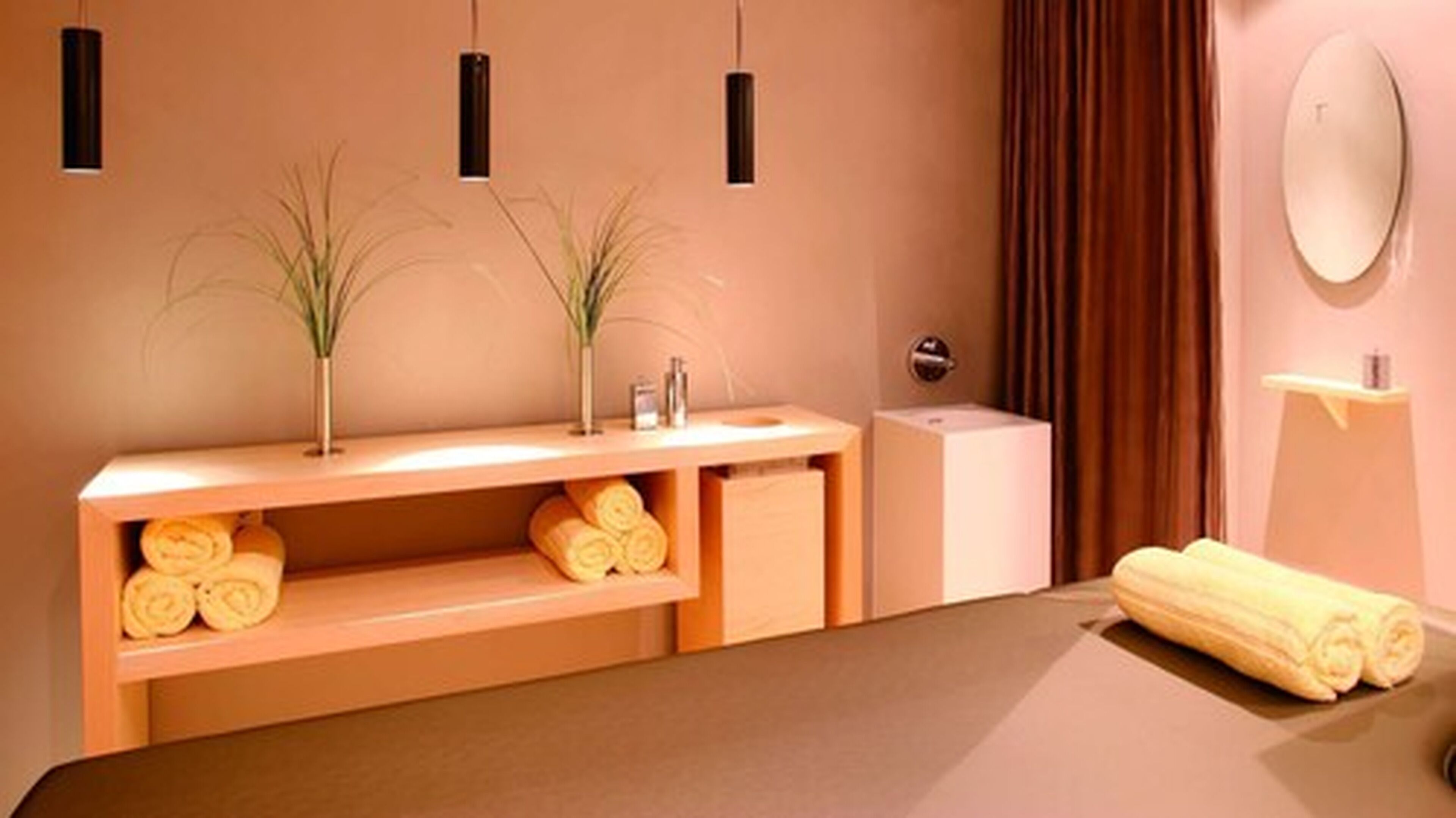 A modern bathroom with a wooden vanity, a mirror, and a towel rack.