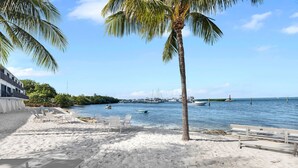 A beach with white lounge chairs, a palm tree, and boats in the water. - Spring Break in the Sun! Islamorada townhome w/ beach, pool in gated community! (Islamorada)