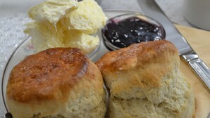 A plate with two scones, a scoop of butter, and a bowl of jam. - Whortleberry Studio - delightful bright airy ensuite B&B (Porlock)