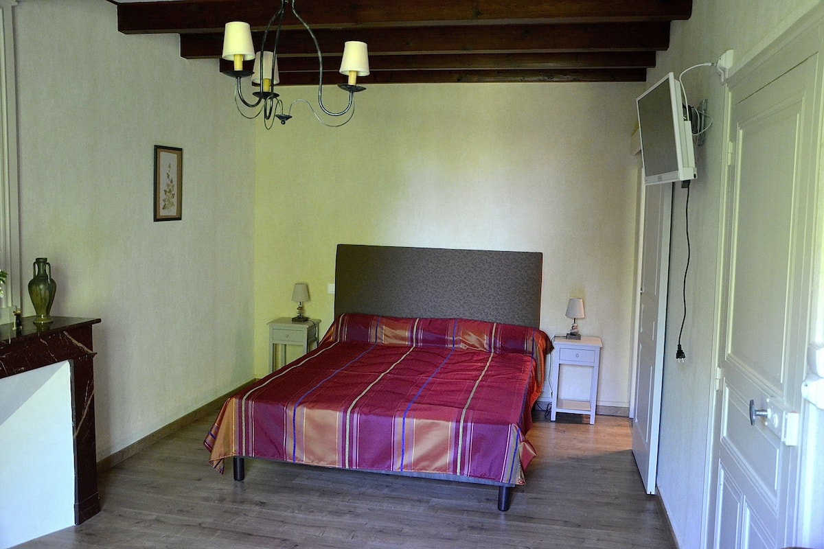 A bedroom with a bed, bedside tables, a lamp, a picture on the wall, and a door.